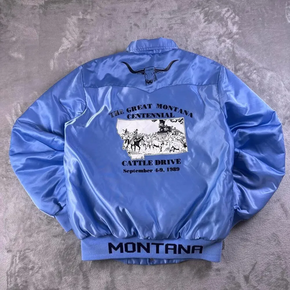 Vintage 1989 Montana Centennial Cattle Drive Bomber Jacket Men’s Large Blue USA